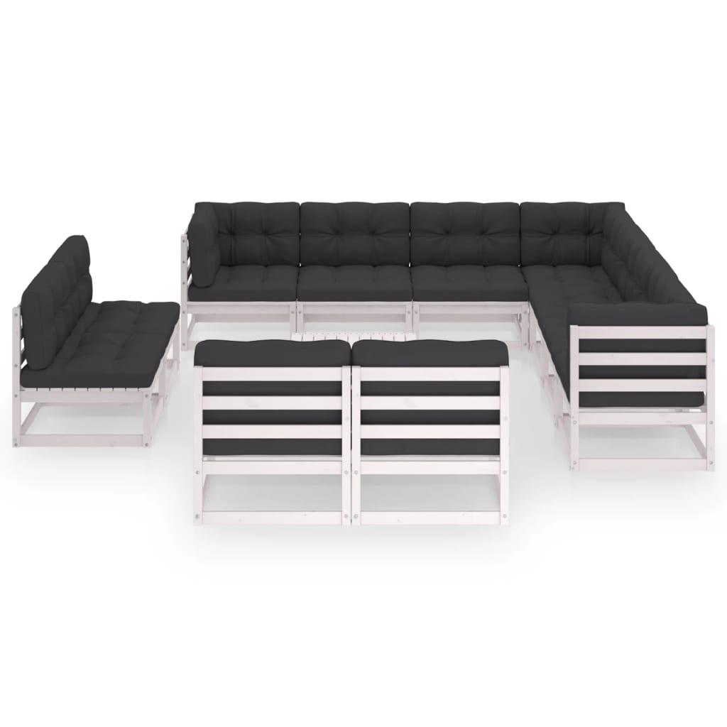 12-tlg. Garten-Lounge-Set mit Kissen Weiss Kiefer Massivholz
